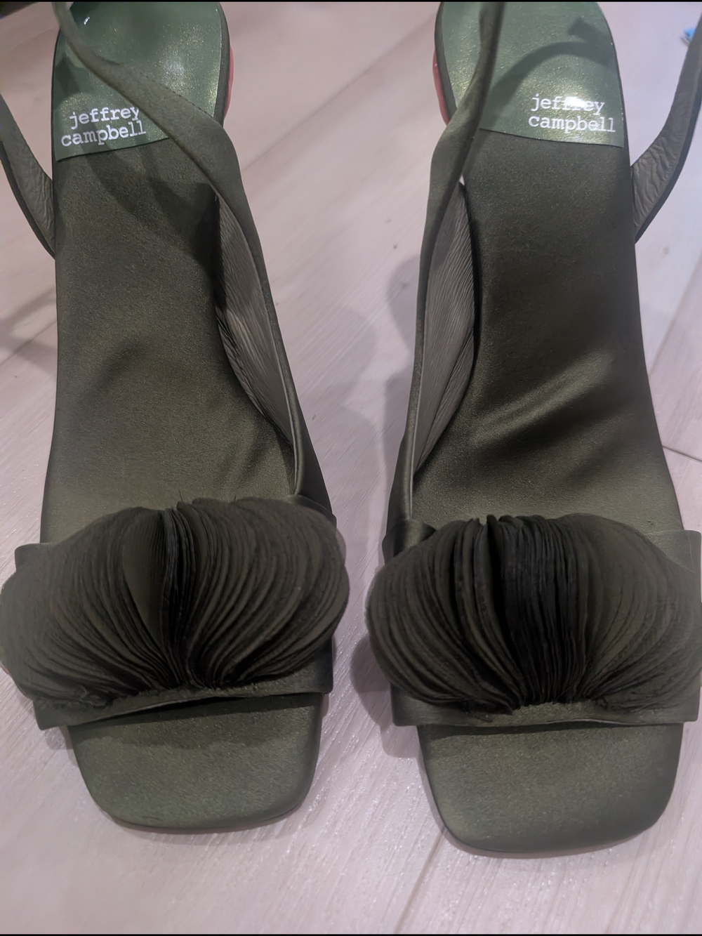 Jeffrey Campbell Olive Green Pleated Front Slingback Heels With Floral Design